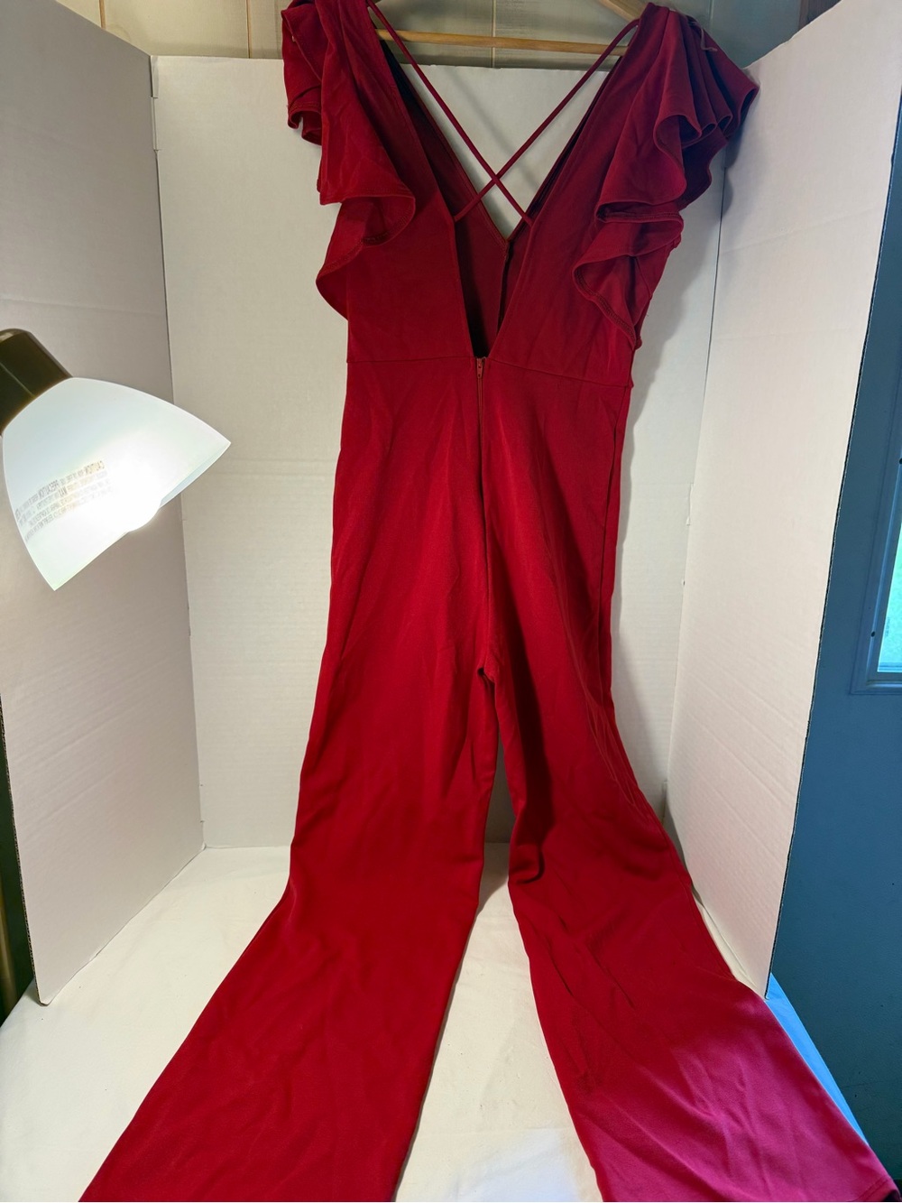 Red Ruffle-Sleeve V-Neck Jumpsuit - Picture 2 of 6